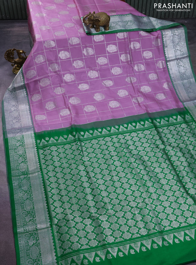 Venkatagiri silk saree pastel lavender and green with silver zari checks & buttas and silver zari woven border