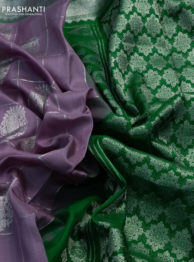 Venkatagiri silk saree pastel lavender and green with silver zari checks & buttas and silver zari woven border