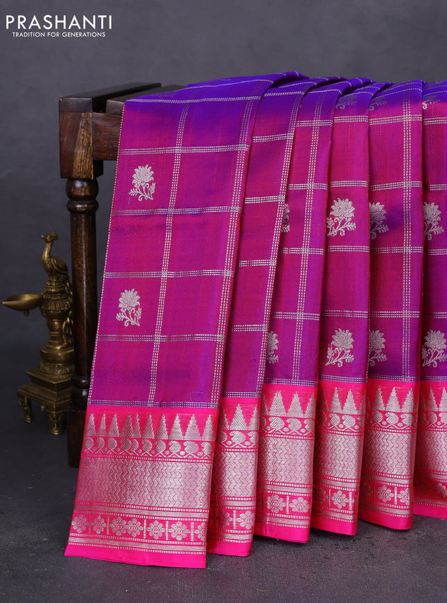 Venkatagiri silk saree dual shade of purple and pink with silver zari checks & buttas and silver zari woven border