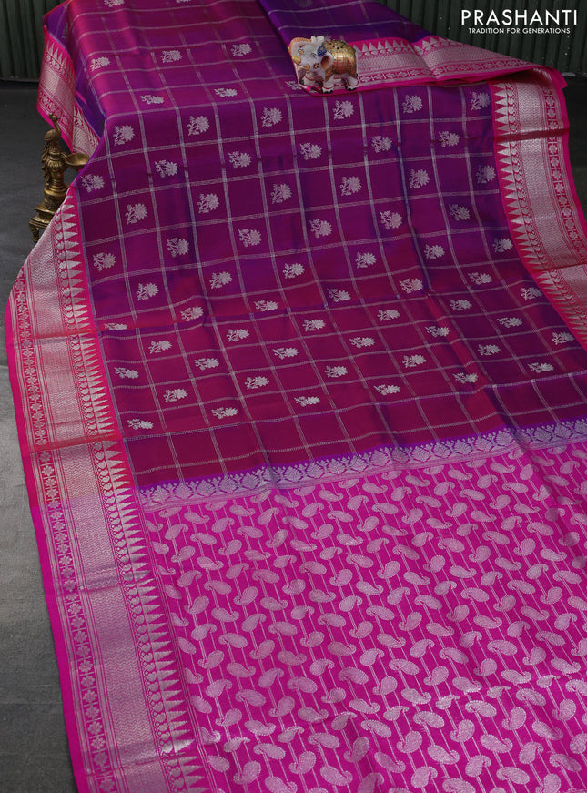 Venkatagiri silk saree dual shade of purple and pink with silver zari checks & buttas and silver zari woven border