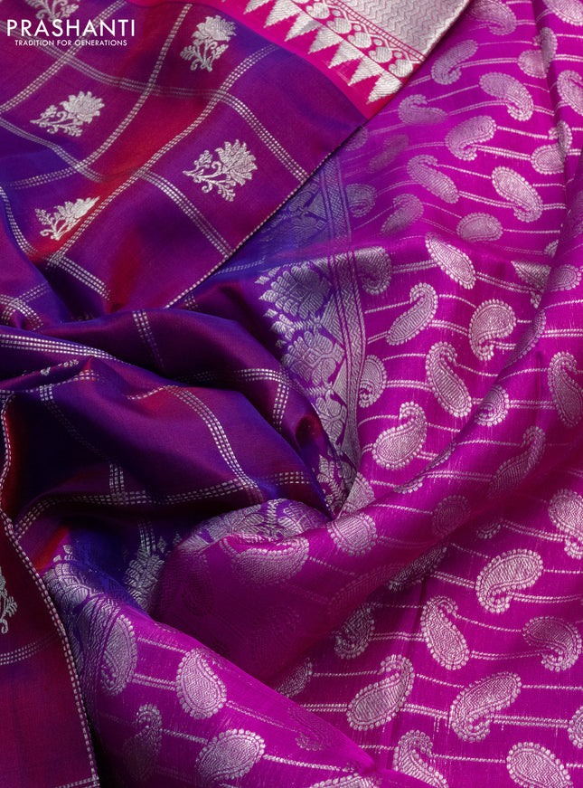 Venkatagiri silk saree dual shade of purple and pink with silver zari checks & buttas and silver zari woven border