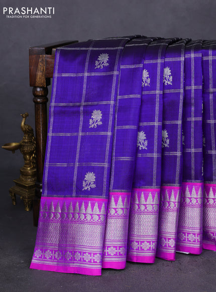Venkatagiri silk saree blue and pink with silver zari checks & buttas and silver zari woven border
