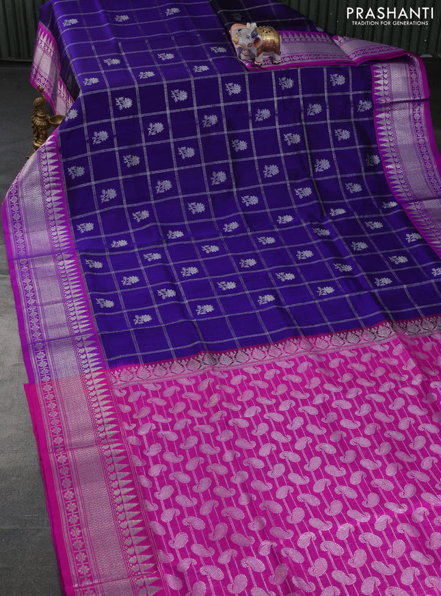 Venkatagiri silk saree blue and pink with silver zari checks & buttas and silver zari woven border