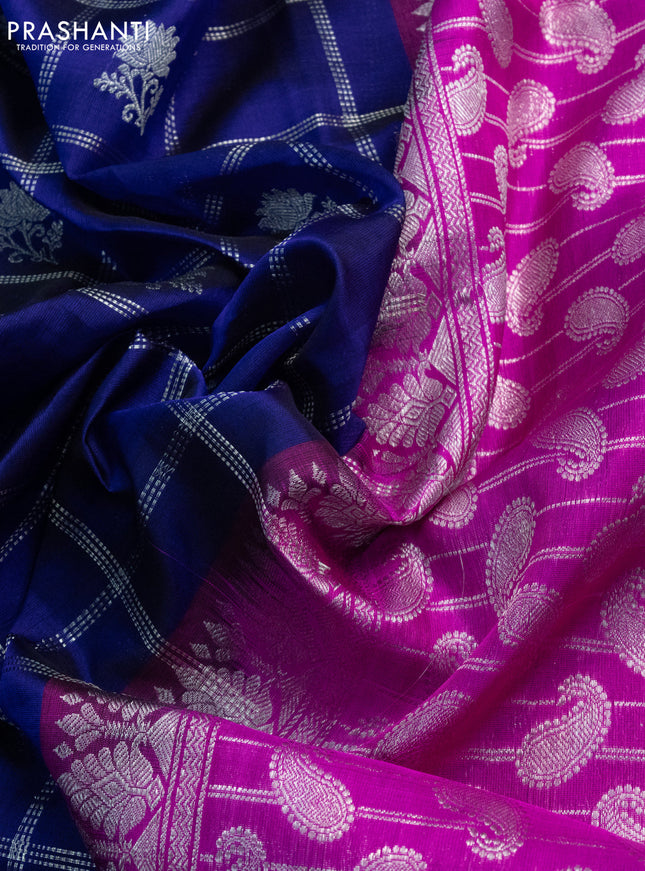 Venkatagiri silk saree blue and pink with silver zari checks & buttas and silver zari woven border