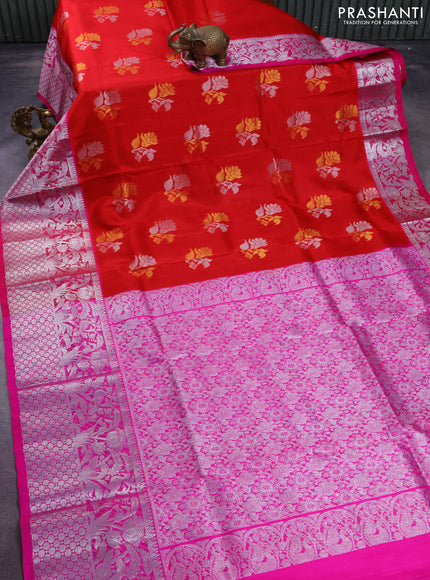Venkatagiri silk saree red and pink with silver & gold zari woven buttas and long silver zari woven border