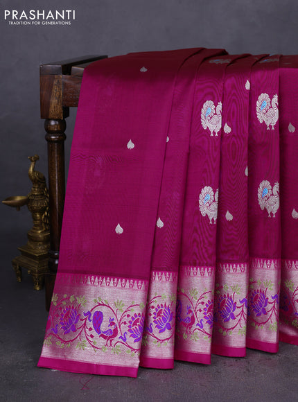 Venkatagiri silk saree magenta pink and pink with annam zari woven buttas and silver zari woven paithani style border