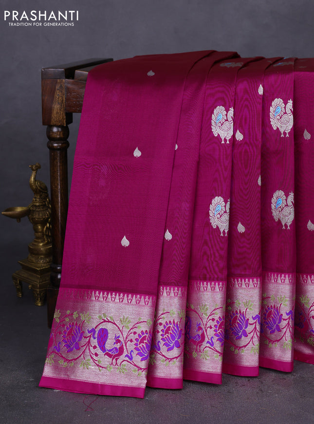 Venkatagiri silk saree magenta pink and pink with annam zari woven buttas and silver zari woven paithani style border