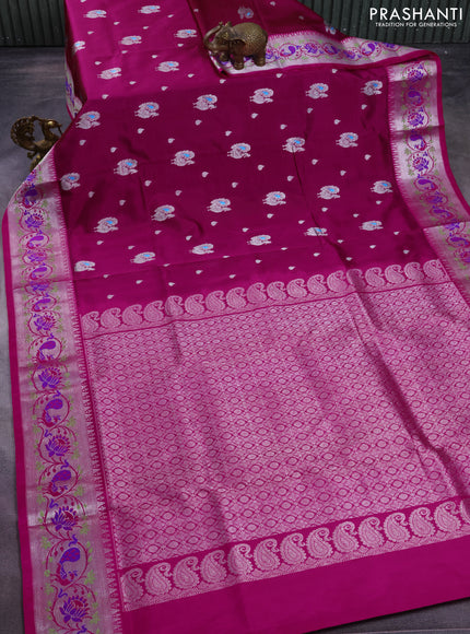 Venkatagiri silk saree magenta pink and pink with annam zari woven buttas and silver zari woven paithani style border