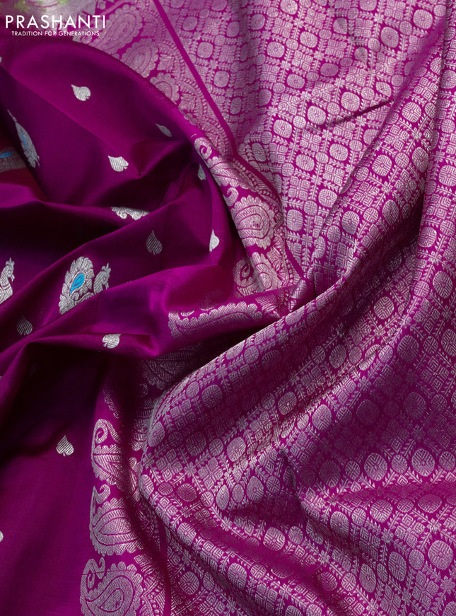 Venkatagiri silk saree magenta pink and pink with annam zari woven buttas and silver zari woven paithani style border
