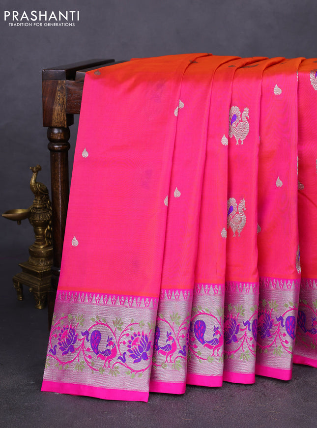 Venkatagiri silk saree dual shade of pinkish orange and pink with annam zari woven buttas and silver zari woven paithani style border