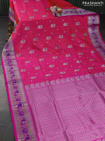 Venkatagiri silk saree dual shade of pinkish orange and pink with annam zari woven buttas and silver zari woven paithani style border