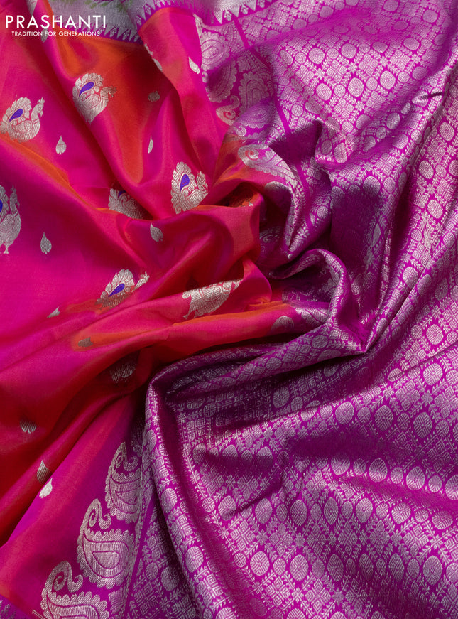 Venkatagiri silk saree dual shade of pinkish orange and pink with annam zari woven buttas and silver zari woven paithani style border