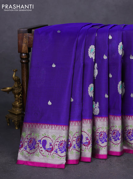 Venkatagiri silk saree blue and pink with annam zari woven buttas and silver zari woven paithani style border
