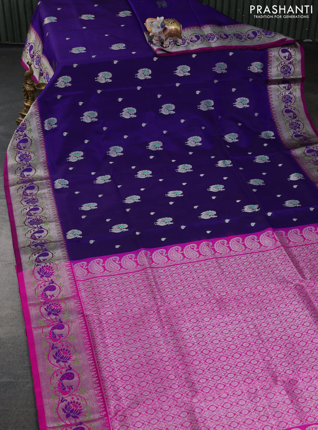 Venkatagiri silk saree blue and pink with annam zari woven buttas and silver zari woven paithani style border