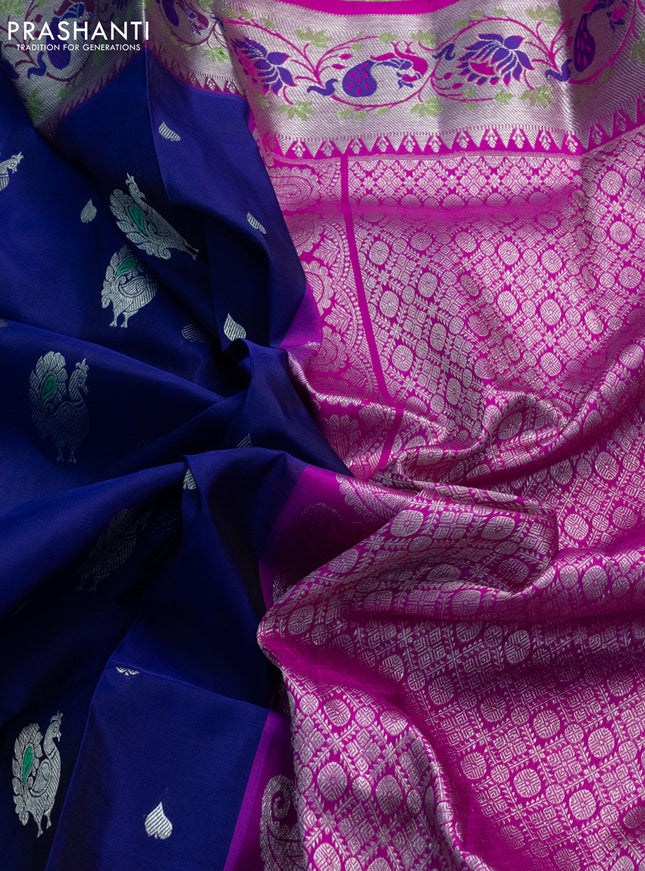 Venkatagiri silk saree blue and pink with annam zari woven buttas and silver zari woven paithani style border
