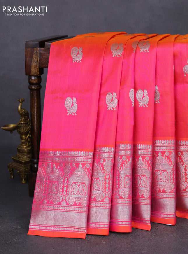 Venkatagiri silk saree dual shade of pinkish yellow with silver zari woven buttas and long silver zari woven border