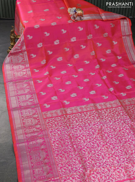 Venkatagiri silk saree dual shade of pinkish yellow with silver zari woven buttas and long silver zari woven border