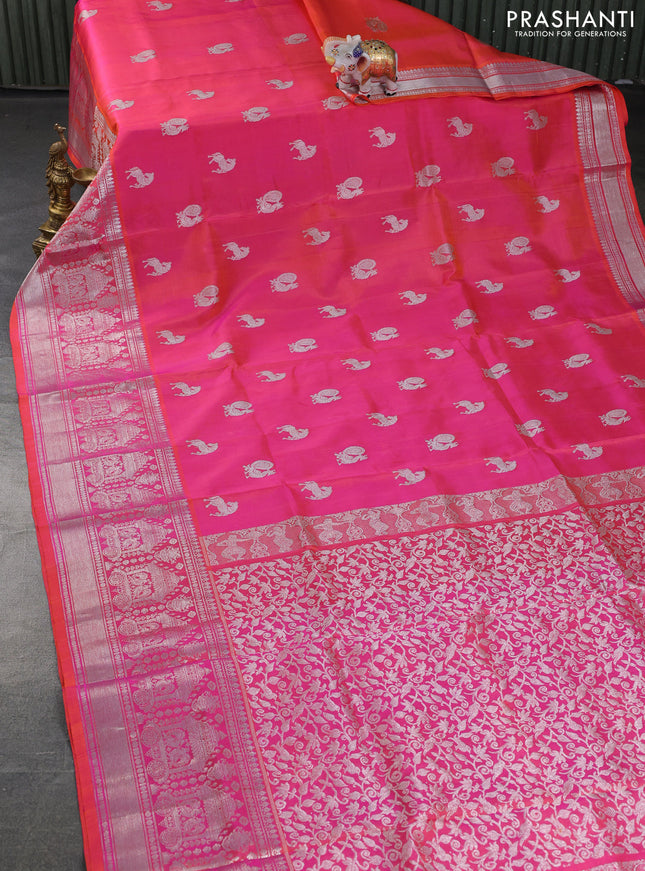Venkatagiri silk saree dual shade of pinkish yellow with silver zari woven buttas and long silver zari woven border
