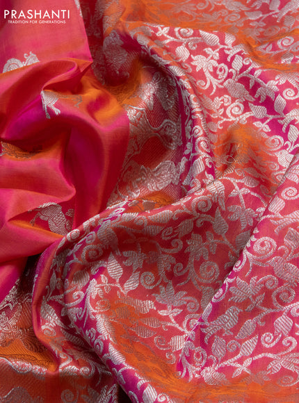 Venkatagiri silk saree dual shade of pinkish yellow with silver zari woven buttas and long silver zari woven border