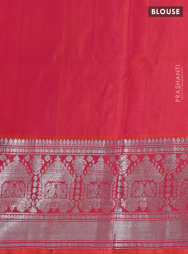 Venkatagiri silk saree dual shade of pinkish yellow with silver zari woven buttas and long silver zari woven border