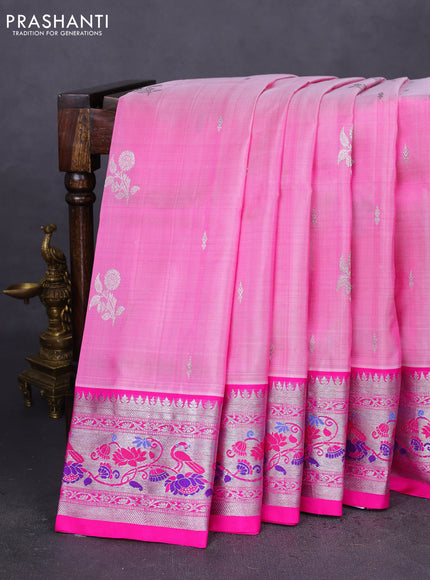 Venkatagiri silk saree light pink and pink with silver zari woven buttas and silver zari woven paithani style border