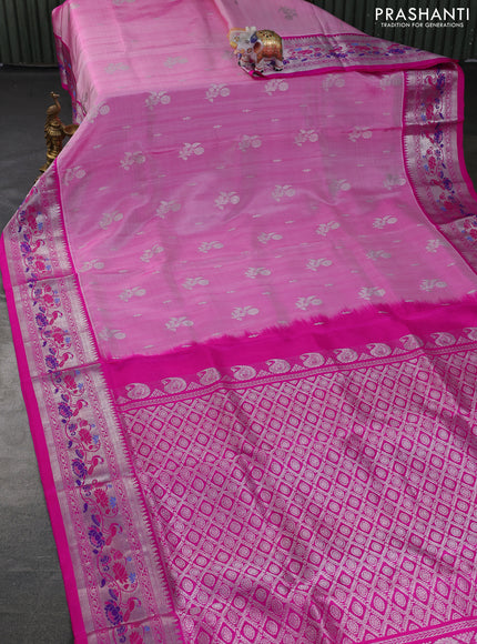 Venkatagiri silk saree light pink and pink with silver zari woven buttas and silver zari woven paithani style border
