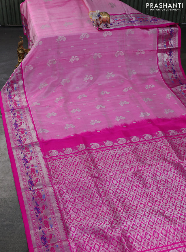 Venkatagiri silk saree light pink and pink with silver zari woven buttas and silver zari woven paithani style border