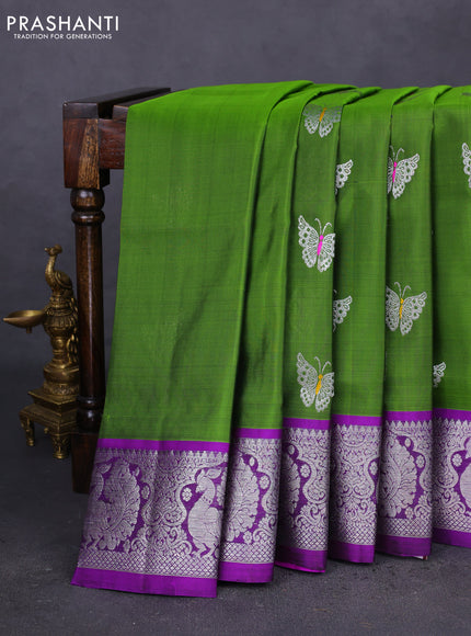 Venkatagiri silk saree light green and deep purple with silver zari woven butterfly buttas and silver zari woven border