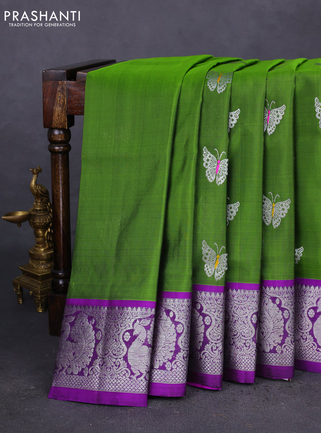 Venkatagiri silk saree light green and deep purple with silver zari woven butterfly buttas and silver zari woven border