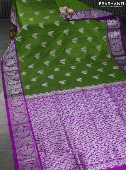 Venkatagiri silk saree light green and deep purple with silver zari woven butterfly buttas and silver zari woven border