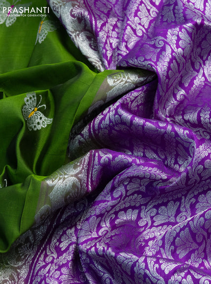 Venkatagiri silk saree light green and deep purple with silver zari woven butterfly buttas and silver zari woven border