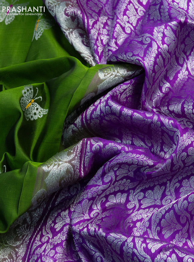 Venkatagiri silk saree light green and deep purple with silver zari woven butterfly buttas and silver zari woven border