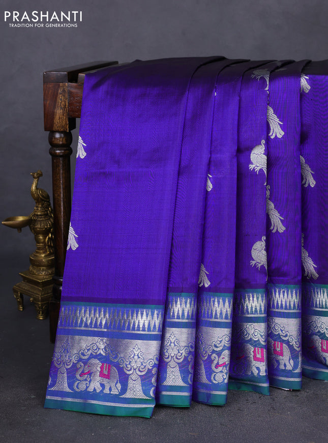 Venkatagiri silk saree blue and dual shade of green with silver zari woven buttas and silver zari woven border