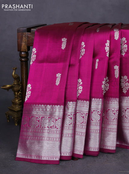 Venkatagiri silk saree dark magenta pink with silver zari woven buttas and silver zari woven border
