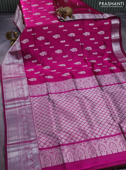 Venkatagiri silk saree dark magenta pink with silver zari woven buttas and silver zari woven border