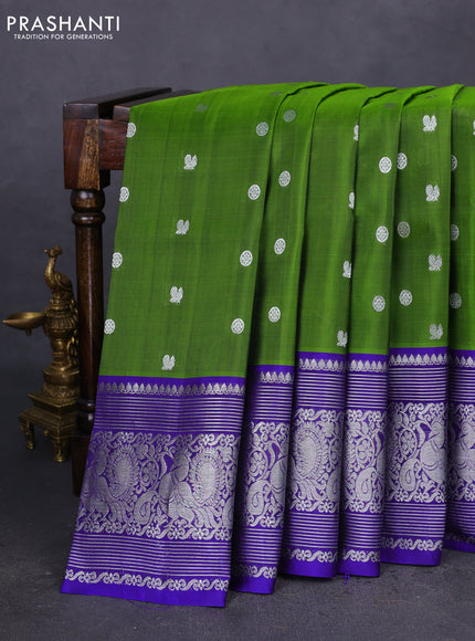 Venkatagiri silk saree light green and blue with silver zari woven buttas and annam silver zari woven border