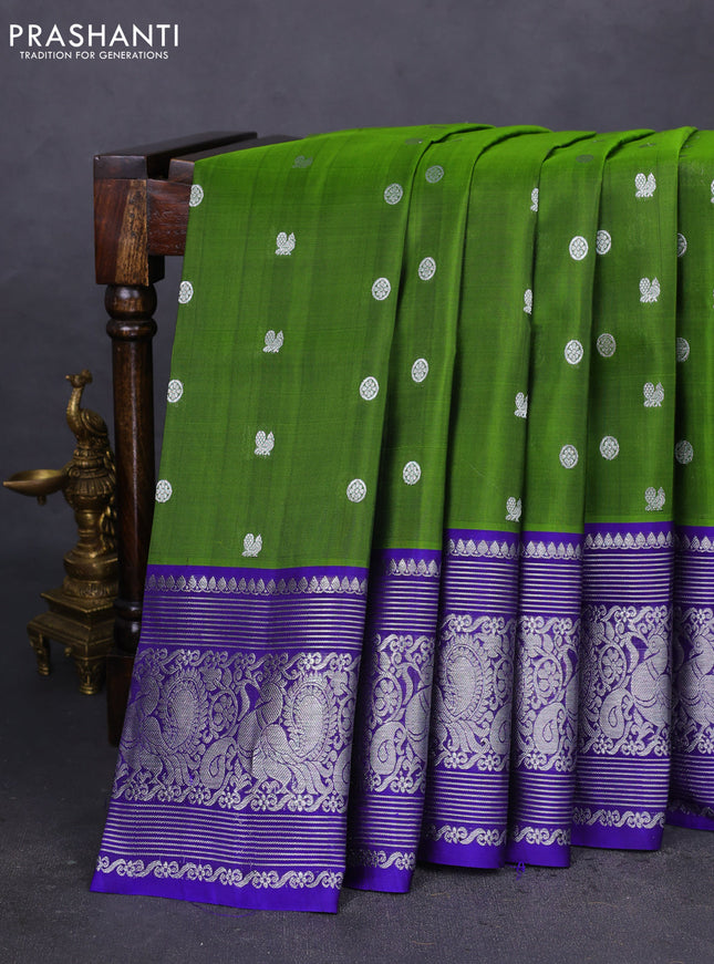 Venkatagiri silk saree light green and blue with silver zari woven buttas and annam silver zari woven border