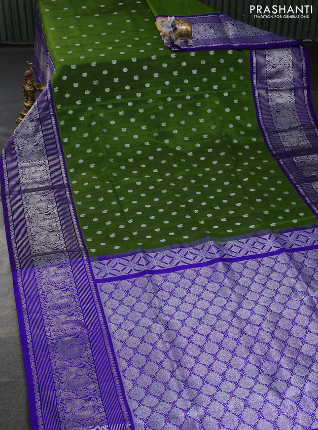 Venkatagiri silk saree light green and blue with silver zari woven buttas and annam silver zari woven border