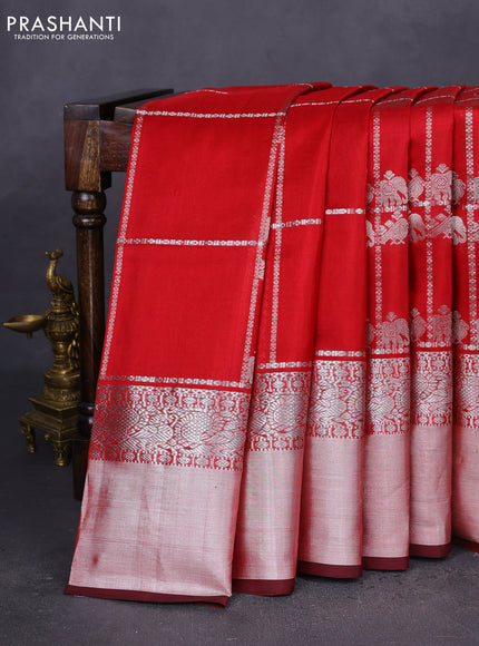 Venkatagiri silk saree red and coffee brown with allover silver zari checks & buttas and long silver zari woven border