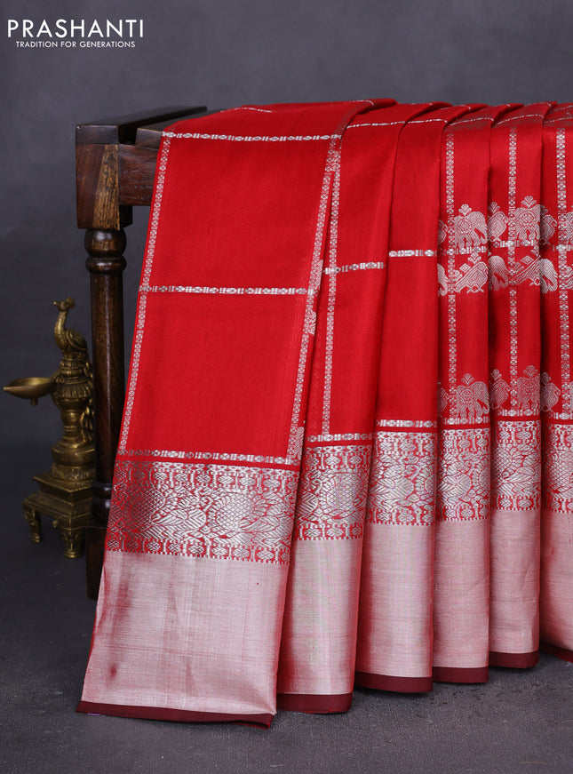 Venkatagiri silk saree red and coffee brown with allover silver zari checks & buttas and long silver zari woven border