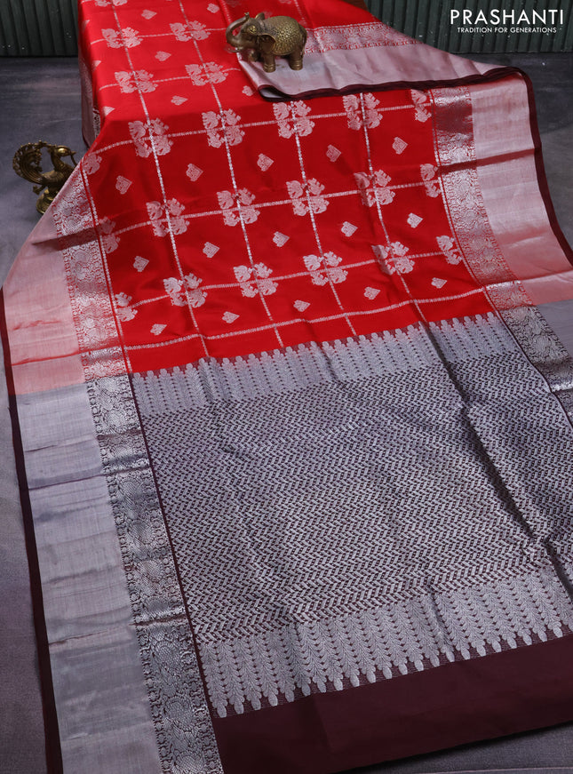Venkatagiri silk saree red and coffee brown with allover silver zari checks & buttas and long silver zari woven border