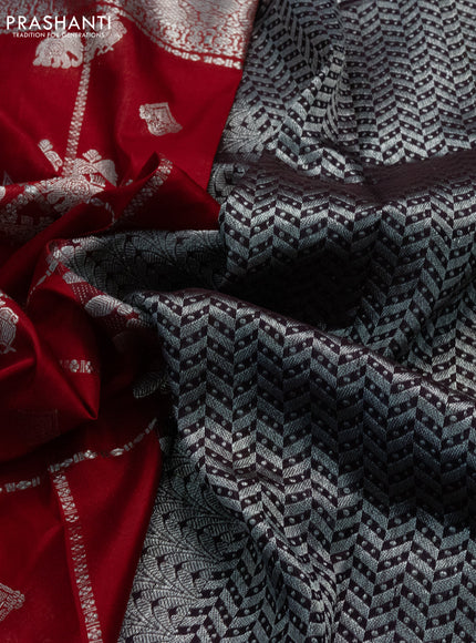 Venkatagiri silk saree red and coffee brown with allover silver zari checks & buttas and long silver zari woven border