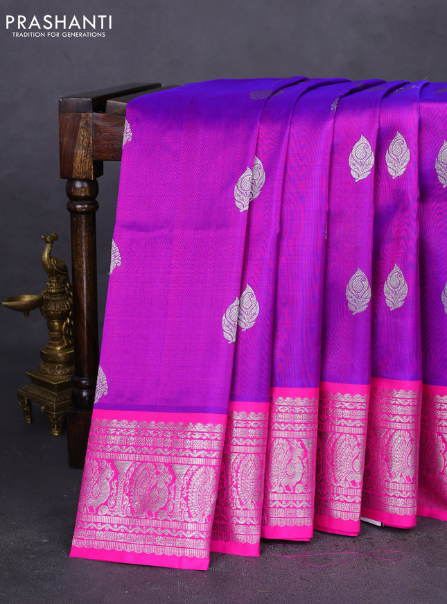 Venkatagiri silk saree purple and pink with silver zari woven buttas and annam silver zari woven border