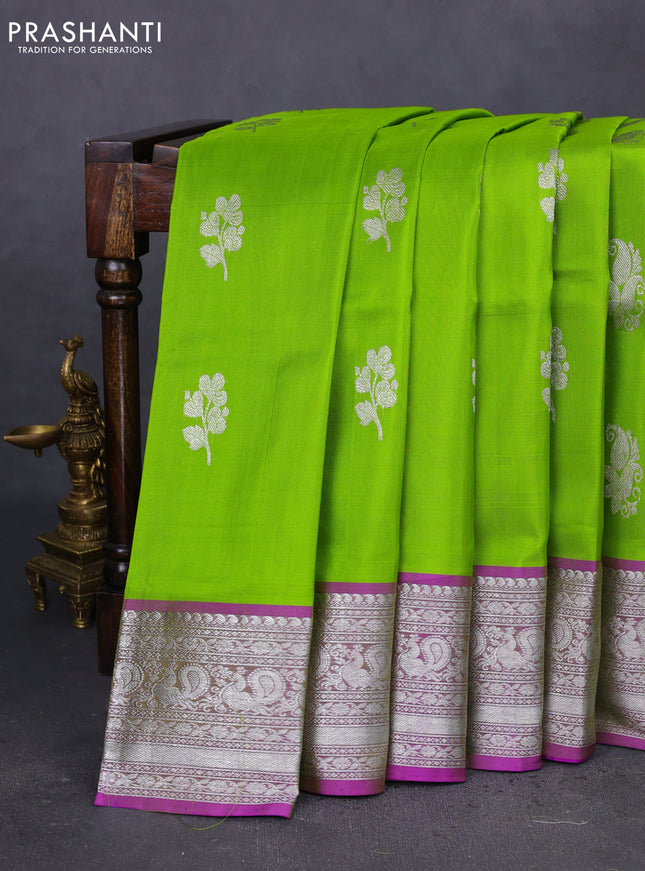Venkatagiri silk saree light green and purple with silver zari woven buttas and silver zari woven border