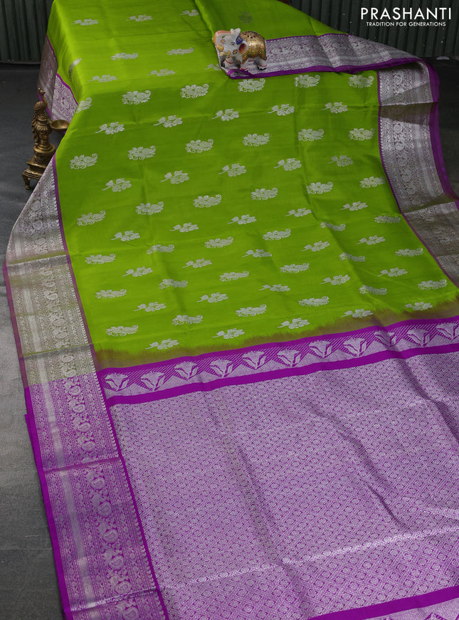 Venkatagiri silk saree light green and purple with silver zari woven buttas and silver zari woven border