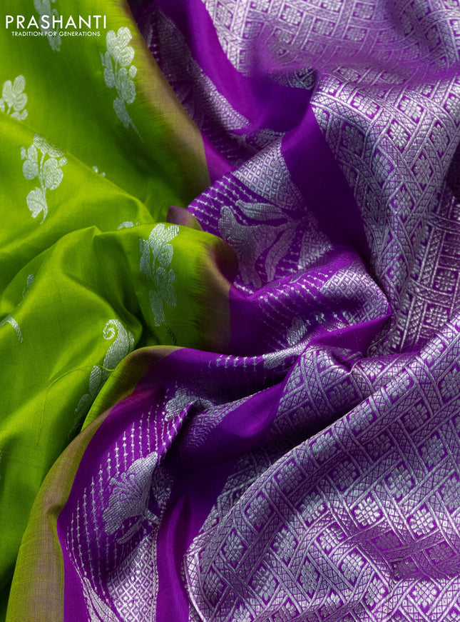 Venkatagiri silk saree light green and purple with silver zari woven buttas and silver zari woven border