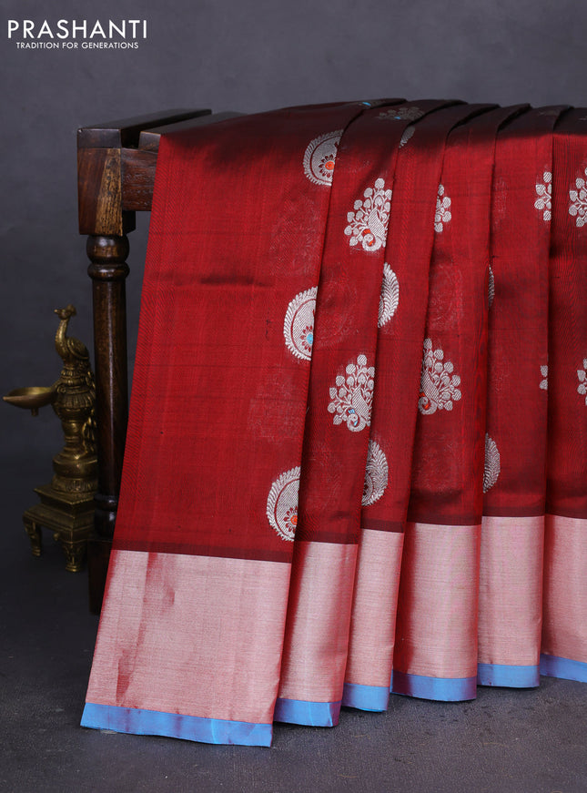 Venkatagiri silk saree maroon and teal blue with silver zari woven buttas and silver zari woven border