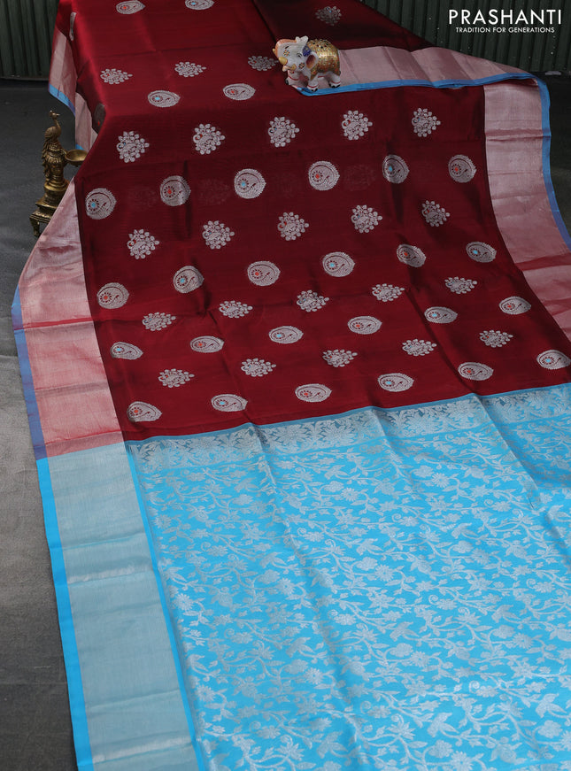 Venkatagiri silk saree maroon and teal blue with silver zari woven buttas and silver zari woven border
