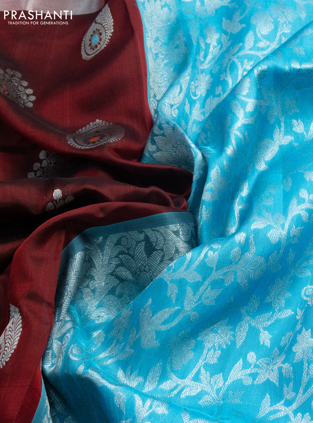 Venkatagiri silk saree maroon and teal blue with silver zari woven buttas and silver zari woven border