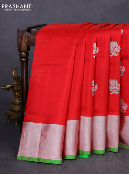 Venkatagiri silk saree red and green with silver zari woven floral buttas and silver zari woven border